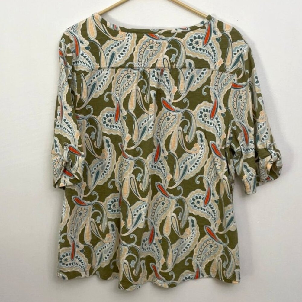 Chico's Short Sleeve Paisley Blouse Top Women's 3 (XL) Front Button Roll Tab - Picture 3 of 5